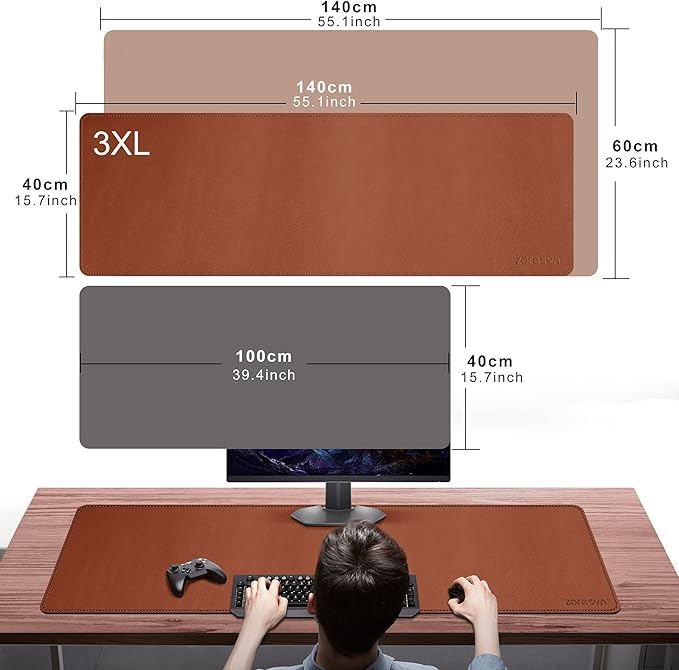 ZORESYN PU Leather Desk Pad (55.1"x15.8") - Waterproof Office Desk Mat for Keyboard and Mouse - Light Brown Extended Mouse Pad with Nonslip Base