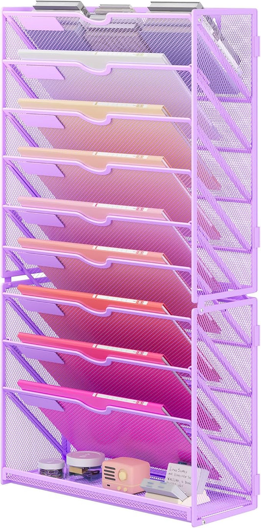 Lavatino Hanging Wall File Folders Organizer - 10-Tier Purple Metal Mesh Paper Magazine Document Mail Holder File Organizer for Office School Home Wall Mount or Desk Supplies Organization