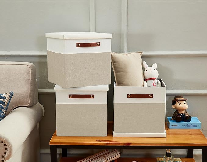 DECOMOMO Storage Basket with Lid, Storage Cubes with Handles, Fabric Box with Lid (Beige and White, 11” / 3 Pack)