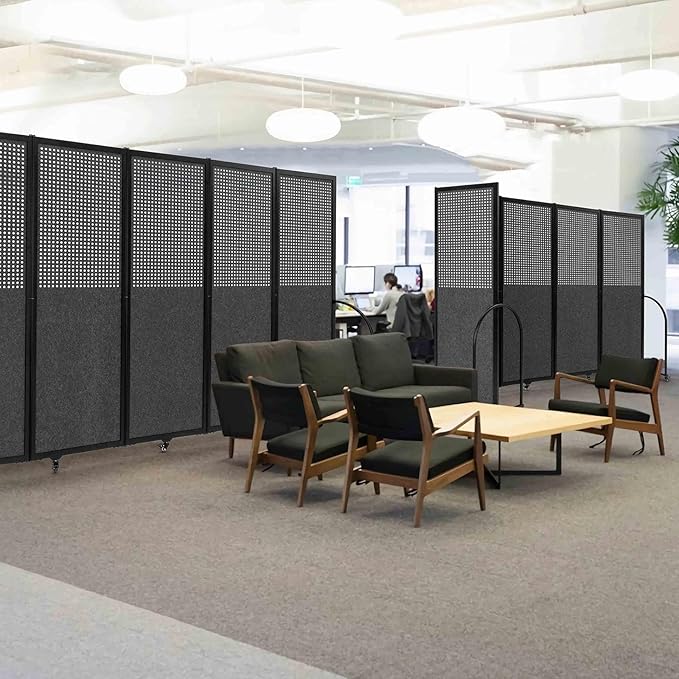 Folding Room Partition,Freestanding Privacy Divider,Portable Office Divider Wall,Commercial Space Partition Screen,Perforated Felt Panel Design,18'5"W x 6'7"H,7 Panel,Dark Grey