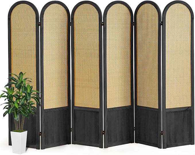 Asnefeli Room Divider 4 Panels, Folding Privacy Screen, Foldable Wood Rattan Room Divider Panel, Portable Partition Screen, Wall Divider for Room Separation Bedroom Home Office Garden Terrace (Black)