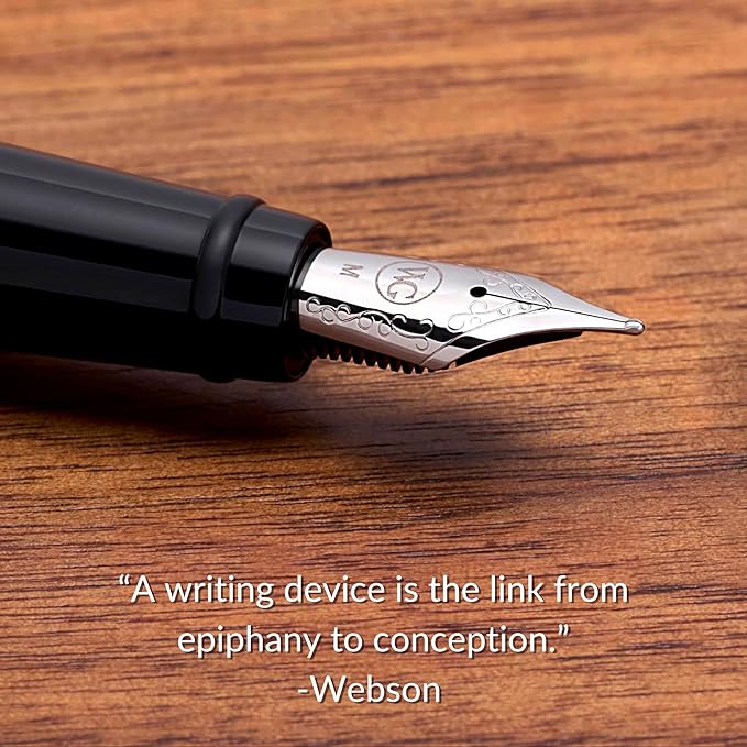 Webson Gill Show Up' Black Luxury Executive Fountain Pen, Woven Lacquer & Chrome, Medium Nib, Smudge Free, No Bleed, Use Any Fountain Ink with Included Converter, Fits Cartridges (sold separately)