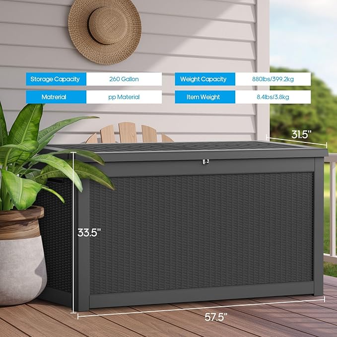 Yardgrace Extra-Large 320 Gallon Outdoor Storage Bin - Waterproof Resin Deck Box for Pool, Patio & Garden, Lockable Outdoor Deck Box for Cushions & Tools, UV-Resistant, Jet Black