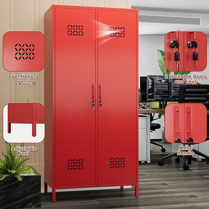 SUPEER 2 Doors Metal Storage Locker with Adjustable Shelves and 2 Hanging Rods, Metal Wardrobe Cabinet with Lock,Wardrobe Lockers for Home,Office,Assembly Required,Red