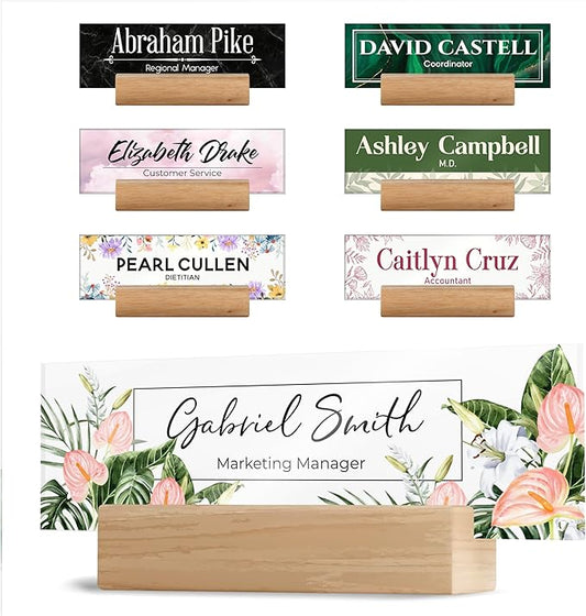 Acrylic Desk Name Plate Personalized with Wooden Base - 28 Backgrounds - Custom Name Plate for Desk, Office Decor, Teacher Appreciation Gifts
