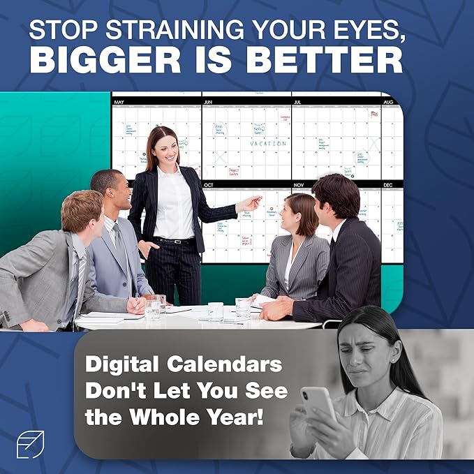 Large Dry Erase Calendar for Wall, 48" x 74" - Undated, Yearly, Reusable - Full 12 Month Year - Includes Markers, Eraser & Accessories