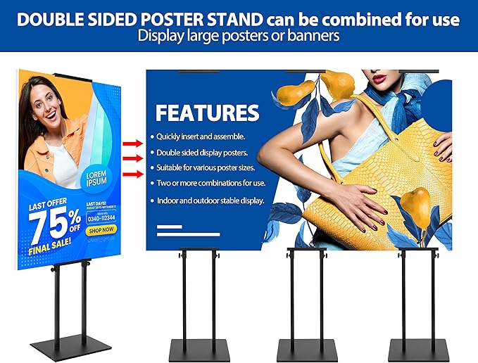 VAIIGO 2Pack Poster Stand for Display, Heavy Duty Floor Standing Sign Holder, Double-Sided Poster Board Stand, Adjustable Height Up to 80 inch, Outdoor Banner Stand for Board & Foam Display, Black