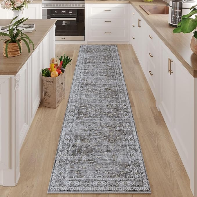 Rugcomf Washable Kitchen Runner 2'7"x12' - Long Hallway Runner Rug Non Slip, Boho Carpet for Hallways, Entryway, Hall, Bathroom - Grey