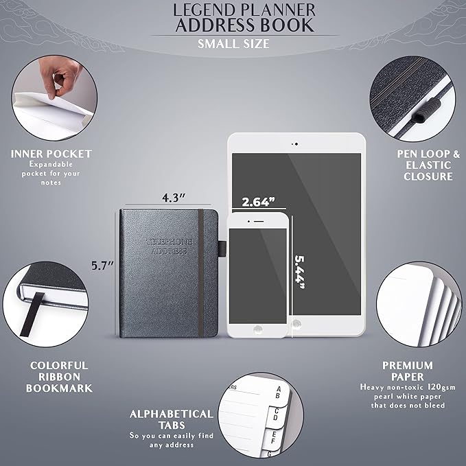 Legend Planner Address Book with Alphabetical Tabs – Mini Telephone Address Book for Phone Numbers, Addresses, Email Contacts, Passwords & Important Dates –Small Size,11x14.5cm,Hardcover (Mystic Grey)
