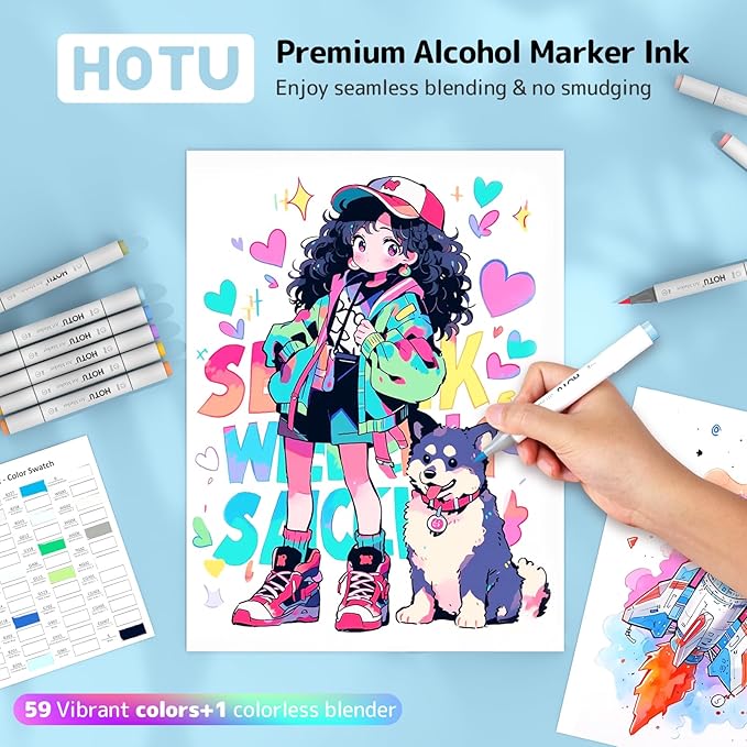 HOTU Alcohol Markers Brush Tip -60 Virant Colors Daul Tips Art Markers Set, for Artist Adults Coloring Illustrations, with Seamless Blending, Colorless Blender, Anti-Bleeding Pad, &Premium Ink