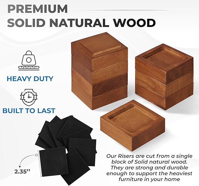 Bed Risers, Furniture Risers (Set of 8-Height 1") Can be Adjusted to 2'' 3''or 4'', Lifts Furniture Risers, Solid Natural Wood Risers, Non-Slip Recessed Hole (Square-Light Brown Color)