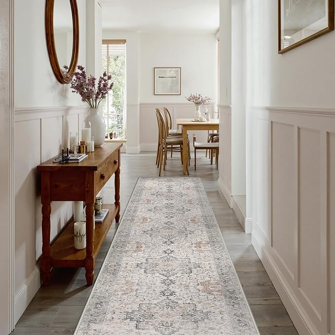 GENIMO 3x14 Runner Rugs for Hallway, Machine Washable Non Slip Vintage Rugs, Low Pile Soft Chenille Print Rug for enrtyway, Corridor, Home Office,Light Taupe Brown
