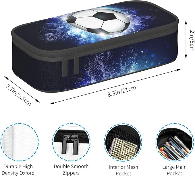 YIJIUWKIS Boys Pencil Pouch with Soccer Ball, Sports Pencil Case Pencil Box for Kids, Big Capacity Black Blue Pencil Holder Pen Bag Storage Organizer Stationery Bag with Zippers