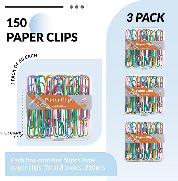NEEWAY Colorful Large Paper Clips, 2 Inch Jumbo Paper Clips, 150 Count, 3 Pack of 50 (Multicolor)