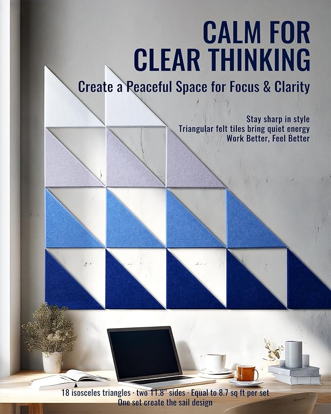 PebblingQ Felt Wall Tiles Bulletin Board, Marine Blue White Panels, Modular Decorative Boards for Home Office, Kids Room, Nursery, DIY Geometric Art Display, 18 Pack 11.8" Triangle Tiles (Marine)
