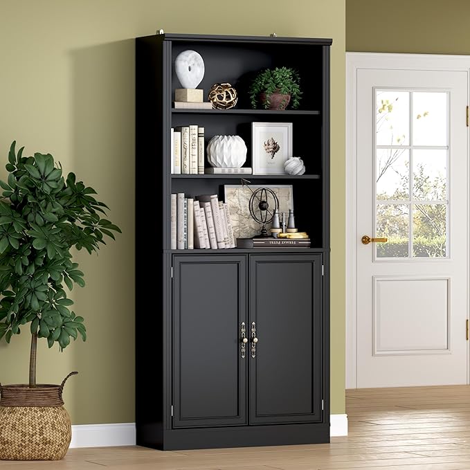 BORNOON 71.4" Tall Bookshelf with Cabinet, 5-Tier Floor Standing Bookcase with Doors & Adjustable Shelves, 31.5" Wide Storage Shelf, Metal Handles, Modern Organizer for Home Office, Living Room
