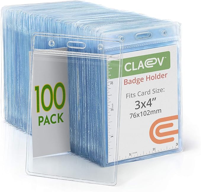Claev Vertical Large (L) Flexible and Tear Resistant ID Badge Holders (Clear, 3x4 Inch, 100 Pack), Clear Easy Open Plastic Name Card Holders for Conferences, Conventions, Offices & Schools