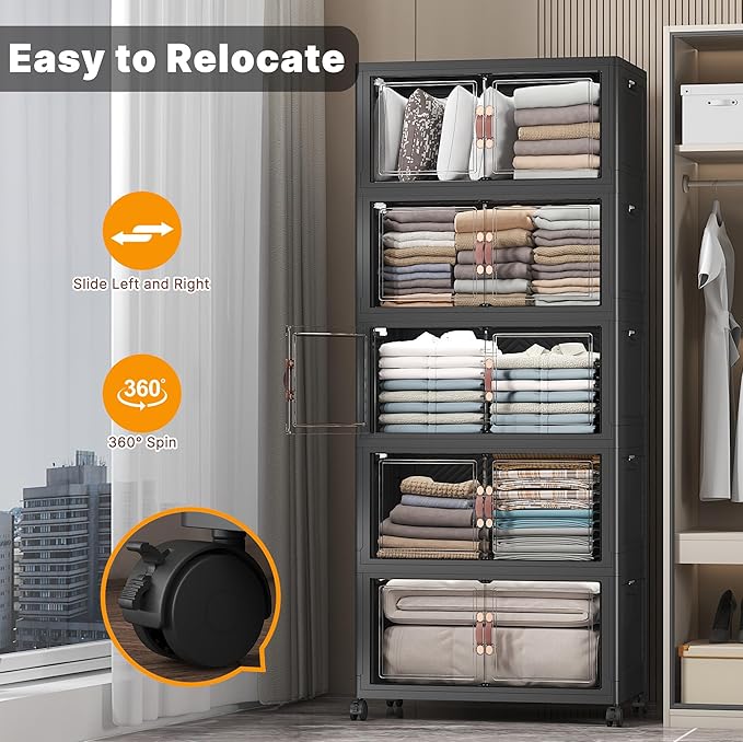 UAMFURI Extra Large Stackable Storage Bins with Lids & Wheels & Door, 560QT-112QT/28GAL*5Pack Foldable Collapsible Closet Organizers, Plastic containers drawers for bedroom Dorm