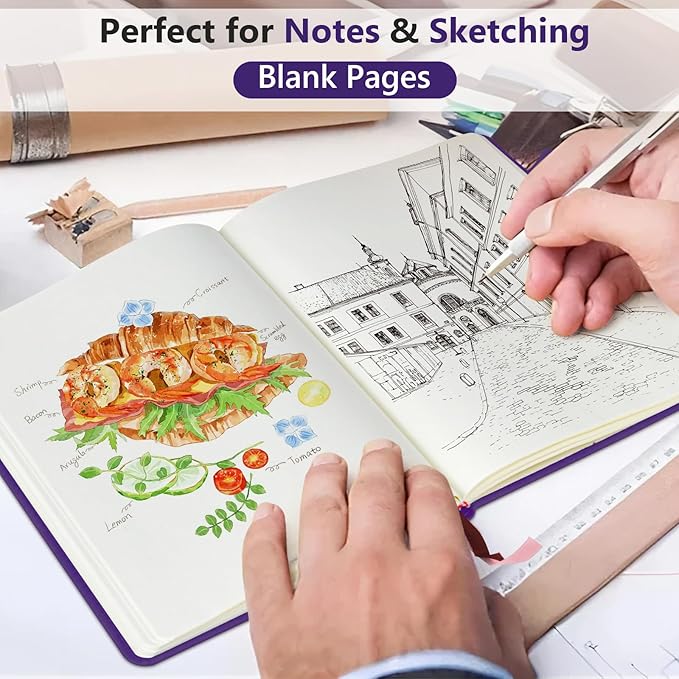 PERCUN Blank Journal Ntebook for Men & Women, 160 Pages Blank Journals for Writing, Drawing,Sketch Book,5.9" x 8.5" Leather Sketchbook, Unlined Notebook for Work, School, Art (Purple)