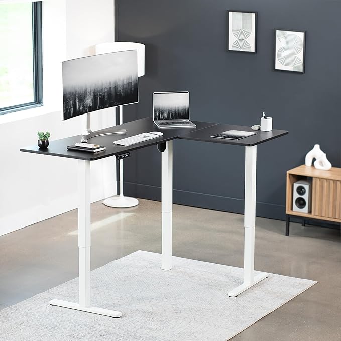 VIVO Electric Corner 63 x 47 inch L-Shaped Standing Desk, Memory Height Adjustment, Black Top White Frame, DESK-E3CTWB-47