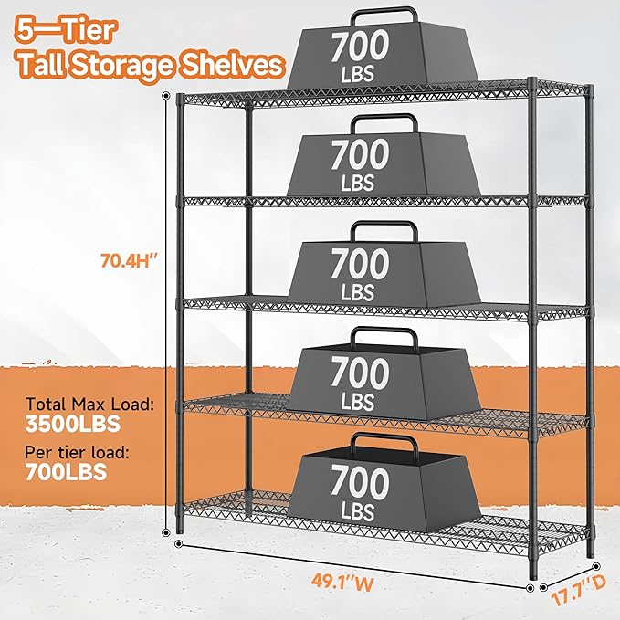 M MZG 5 Tiers Storage Shelves Load 3300LBS, Metal Shelving Wire Metal Shelving Unit Shelves for Storage Adjustable Garage Shelving for Pantry Kitchen Garage Black 17.7" D x 59.1" W x 70.4" H