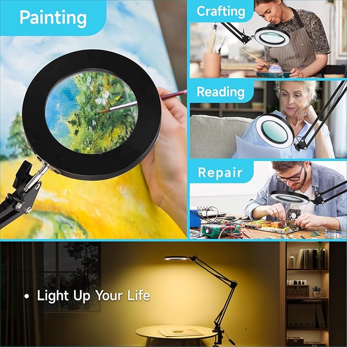 LED Magnifier Desk Lamp with Stand, 3 Color Modes & Stepless Dimming 5-Diopter Glass Lens, Adjustable Swivel Arm - Magnifying lamp for Close Work, Repair, Crafts, Reading - Long