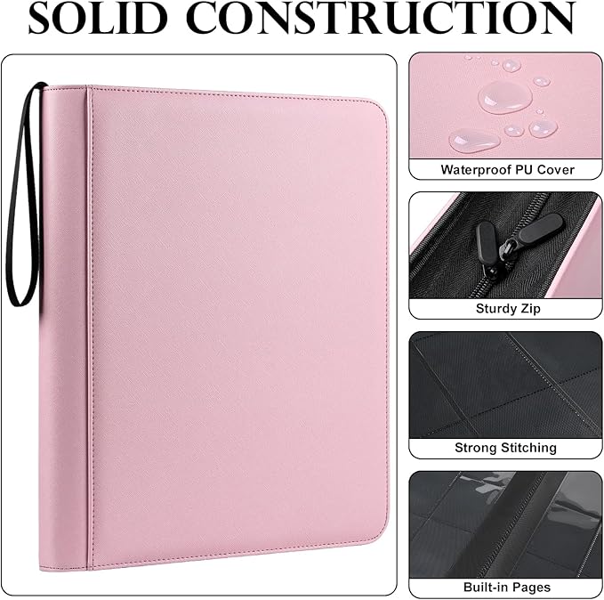 GEAoffice 9 Pockets Top Loader Binder Holds 324 Cards, Premium PU Leather Trading Card Binder for Toploader, Side Loading Zipper Card Binder Top Loader for 3"×4" Rigid, MTG, TCG, Waterproof, Pink