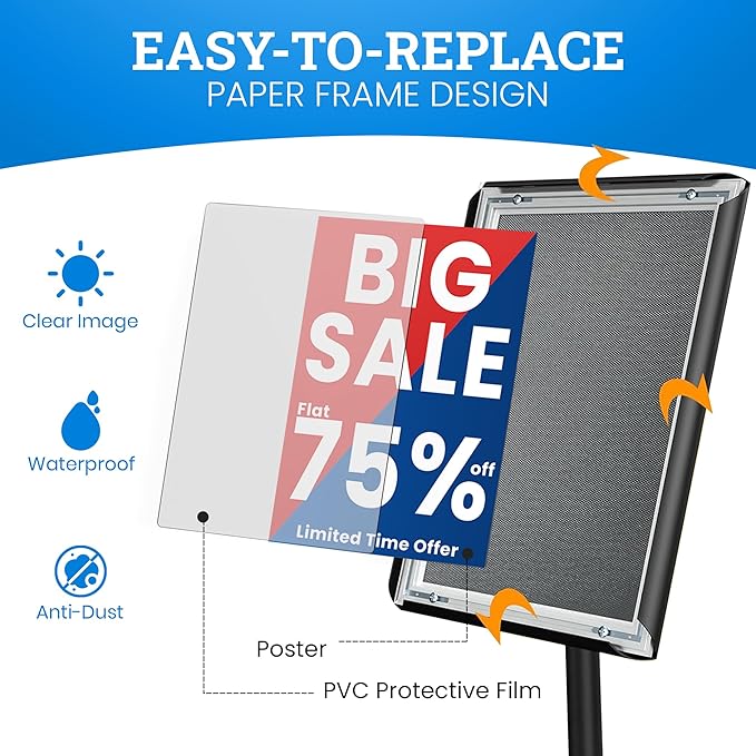 Banzoni Standing Sign Holder | Adjustable Pedestal Signage Stand for 8.5x11 Posters | Heavy Duty Floor Display Stand with Non-Slip Weighted Base | Vertical and Horizontal View Menu Stand for Business
