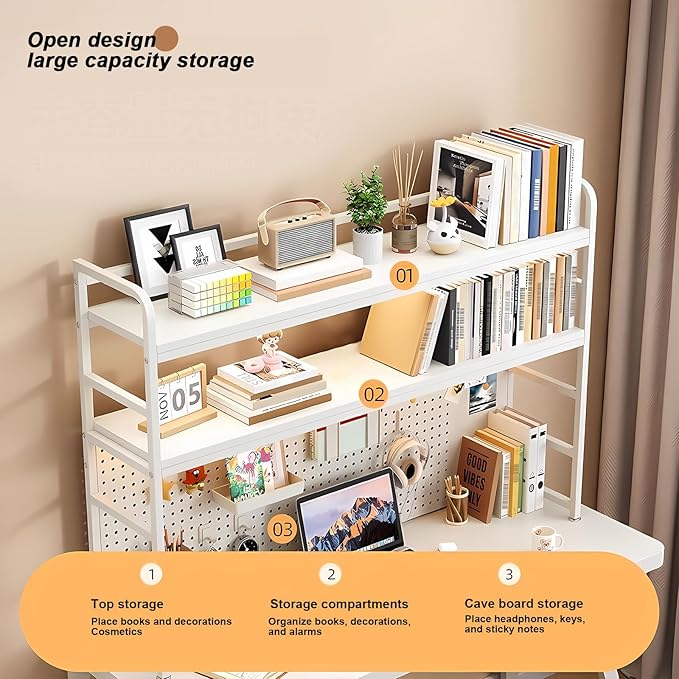 ZWCQSYS 2-Tier Desktop Bookshelf Hutch - Metal Desk Shelf Bookcase with Desk Pegboard Countertop Storage Organizer Rack for Dorm or Office (A, 70cm/27.5in)