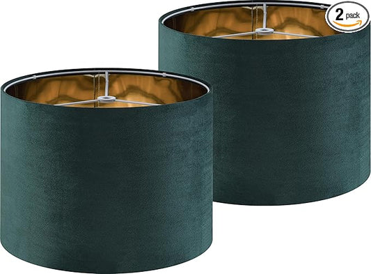 Green Velvet Lampshades Set of 2 Large Drum Lamp Shade 16" Top x 16" Bottom x 12" High (Spider) Modern Lamp Shade - Ideal for Table & Floor Lamps - Lampshades Replacement - By GO&SO