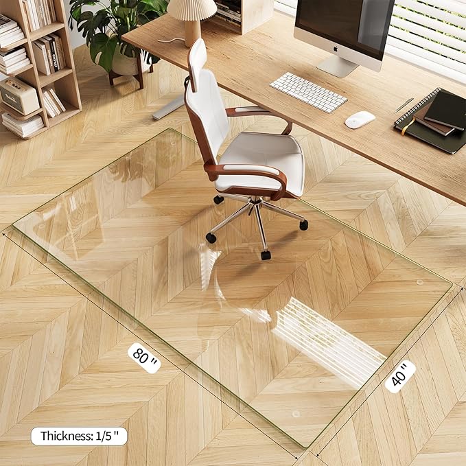 Koonmi Tempered Glass Chair Mat for Hardwood Floors & Carpets, 40" x 80“ Transparent Heavy Duty Office Floor Protector with Noise-Free Gliding Shatterproof for Home Office Desk