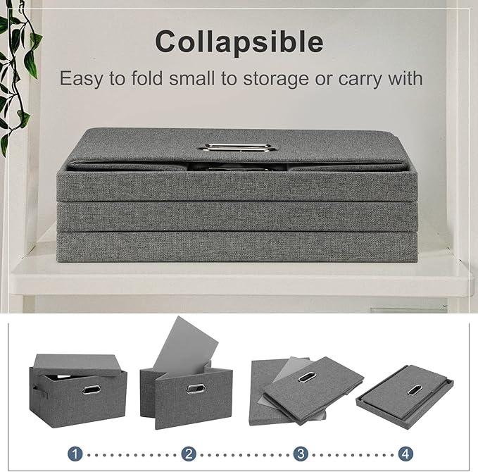 Graciadeco Medium 15" 21 Quart Collapsible Stackable Storage Bins with Lids, 3 Packs Grey Foldable Fabric Closet Boxes Heavy-duty Linen Cube Baskets Container for Bedroom Office (15 x 11 x 8)