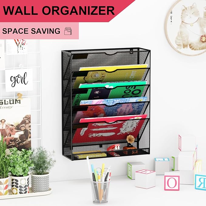 GDINDINFAN Hanging Wall File Organizer 6 Tier Wall Mounted Mail Paper Folder Holder Document Organization Stand, Vertical Desk Magazine Rack for Office Home Cubicle Countertop, Black