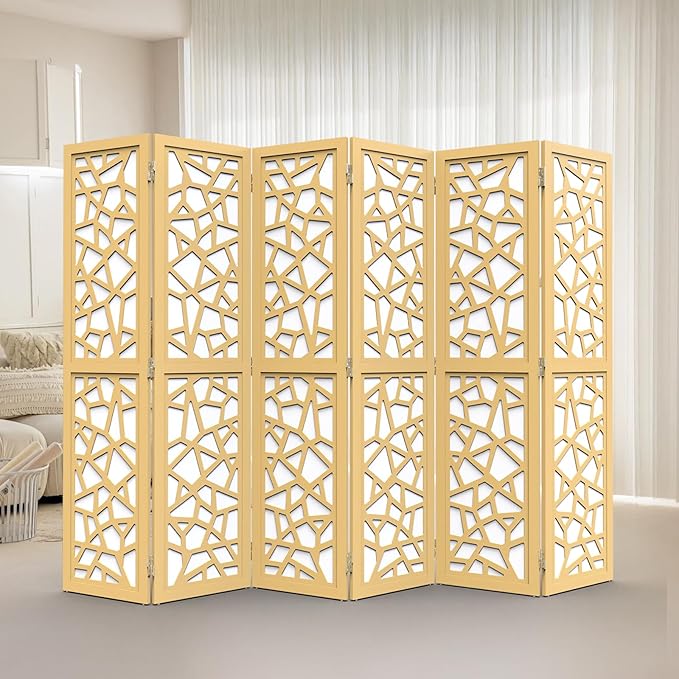 VINGLI 70'' H Room Divider, Non-Woven Fabric Privacy Screen, Indoor Partition Wall Dividers, Freestanding Hinged Space Separator with Modern Unique Pattern (Gold, 6 Panel)