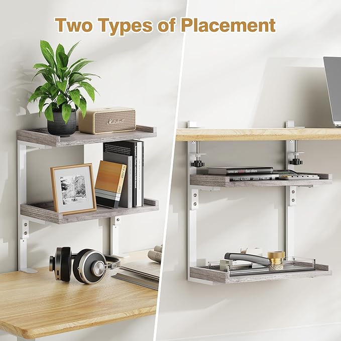 ART-GIFTREE Clamp On Desk Shelf 2-Tier, Wood Shelving Unit for Office Desk/Gaming Accessories, Tabletop Book Storage Rack, Shelf for Top of Desk, Grey