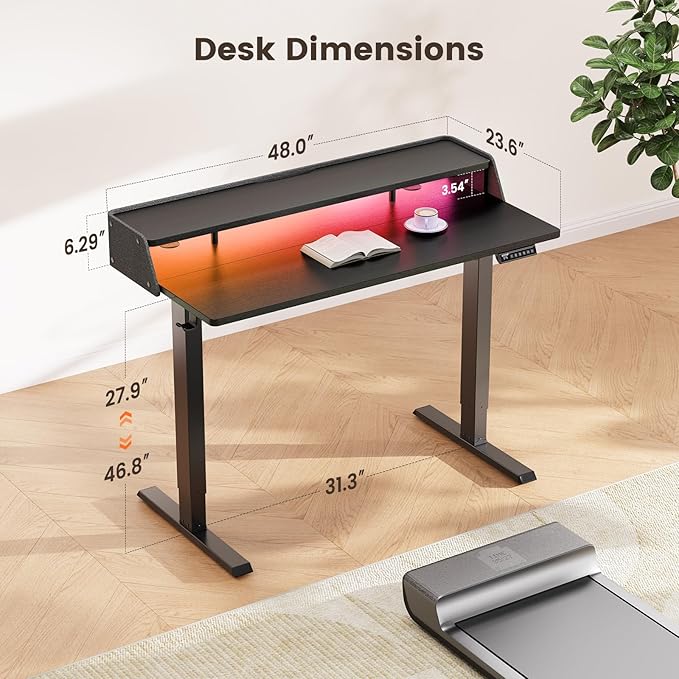 ErGear Standing Desk with LED Strip, 48″ x24″ Electric Height Adjustable RGB Gaming Desk with Shelf, Sit Stand Desk with Dual Cable Holes, C-Clamp Mount Compatible, 4 Preset Heights, Black
