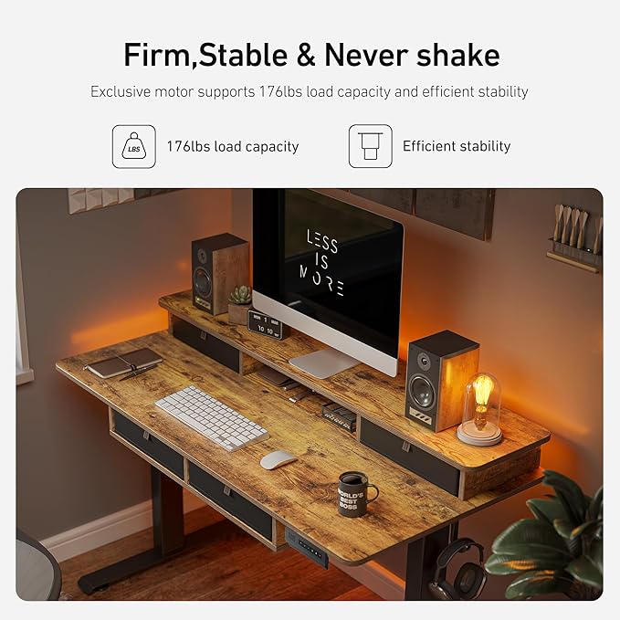 FEZIBO 55'' x 30'' Electric Standing Desk with 4 Storage Drawers, Adjustable Height Computer Table with Monitor Shelf, Stand Up Desk for Study, Gaming, Workstation, Rustic Brown Top