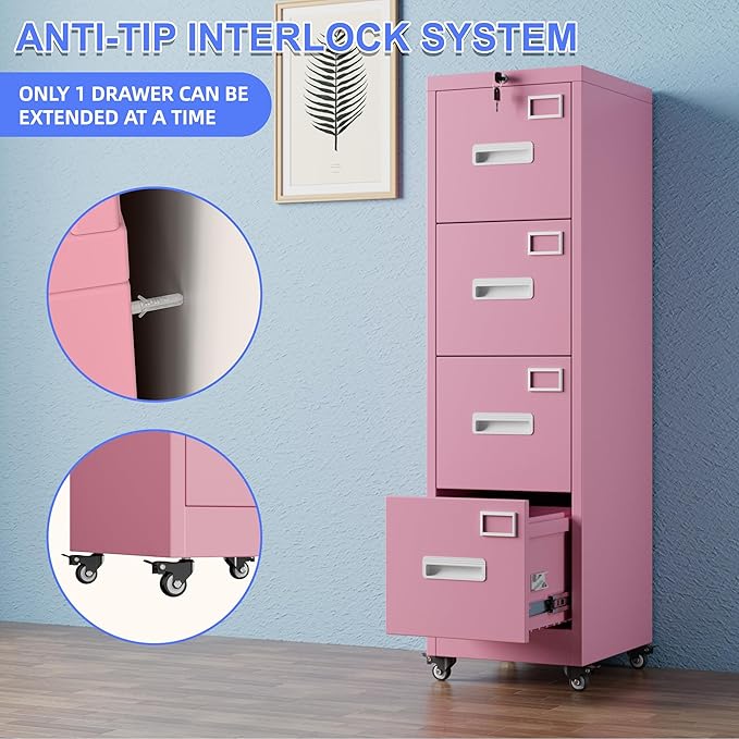 METAN 4 Drawer File Cabinet on Wheels, Lockable Metal Filing Cabinet with Handle and Name Card for Office Home,Assembly Required,Pink