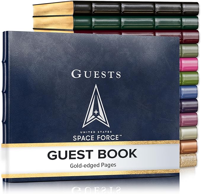 Gallery Leather Guest Book - Great for Wedding, Reception, Baby and Bridal Shower, Birthday Party and Vacation Home - 192 Lined Pages, add Polaroid Photo - Hardcover 9x7" - Acadia Navy - Space Force