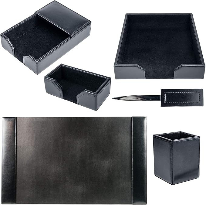 DACASSO Bonded Leather Desk Set - Luxury Leather Desk Pad & Desk Organization Essentials (Black, 6 Piece)