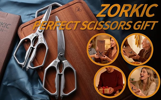 Kitchen Scissors Silver - Stainless Steel Shear, Sharp Meat Cutting Scissors Dishwasher Safe, Poultry Shears Heavy Duty, Japanese Cooking Scissor for Food, Christmas Gifts for Men Women