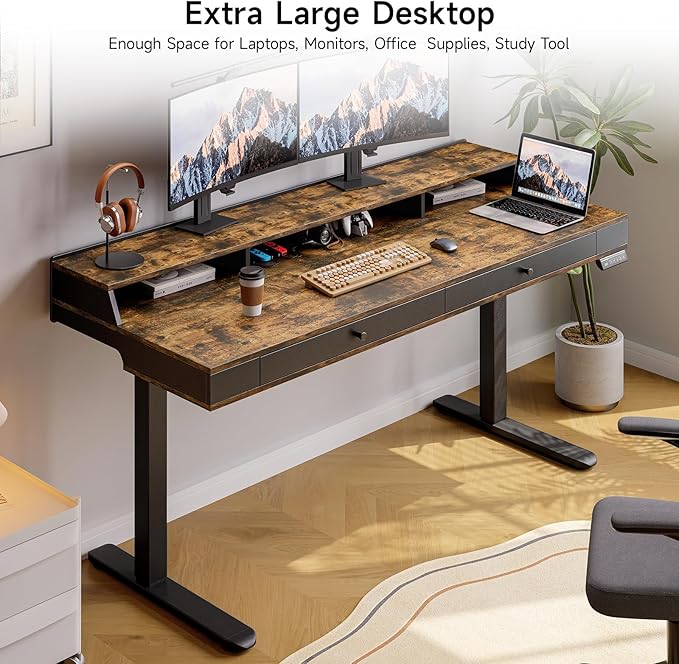 ONBRILL Standing Desk with Drawers, 55x23.6 Electric Stand Up Desk with Storage Shelf and Memory Controller, Sit Stand Desk Adjustable Height from 28-46" for Computer Workstation, Rustic Brown