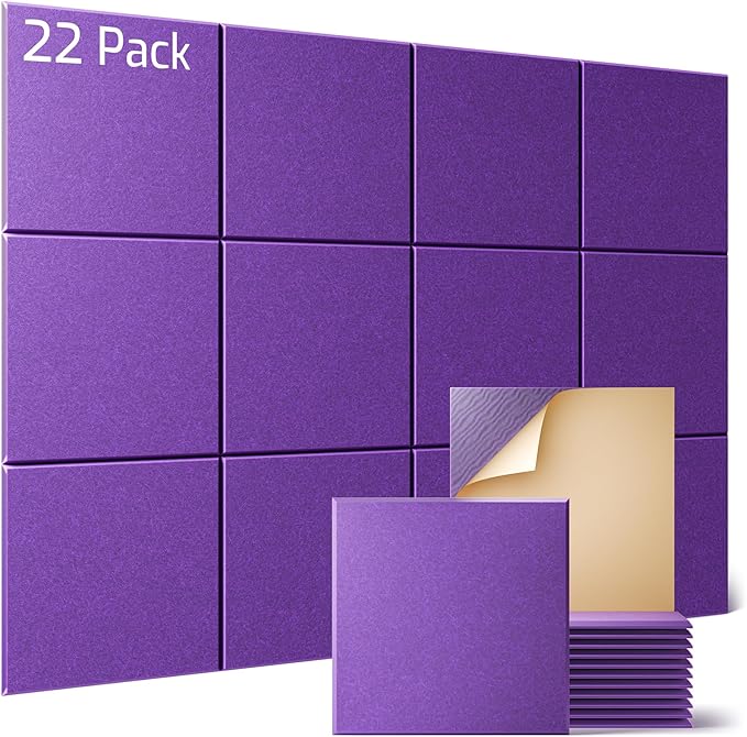 Sonicism 22 Pack Acoustic Wall Panels with Self-Adhesive, 12" X 12" X 0.4" Sound Proof Foam Panels, Decorative Soundproof Wall Panels, Sound Proof Absorbing Tiles for Home & Offices, Violet