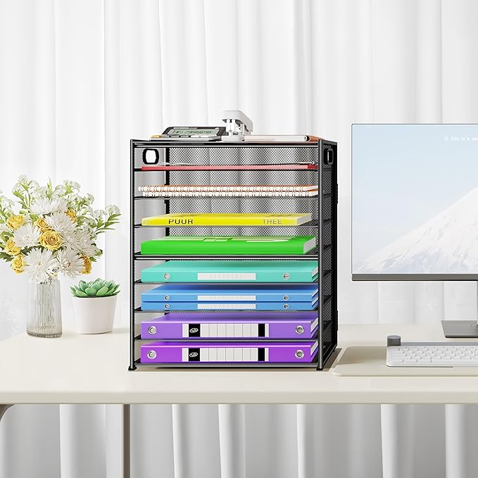 Cawukege 9 Tier Paper Organizer with Handle, Large Capacity Desk Organizer Mesh Paper Letter Tray File Folder Document Sorter for Classroom and Office Accessories Organization- Black (2 Pack)