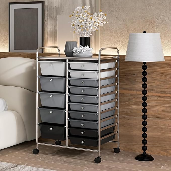 LDAILY 15 Drawer Rolling Storage Cart, Rolling Cart with Drawers for Classroom, Art Supply Craft Organizer on Wheel with Metal Frame & Handles for Home Office School