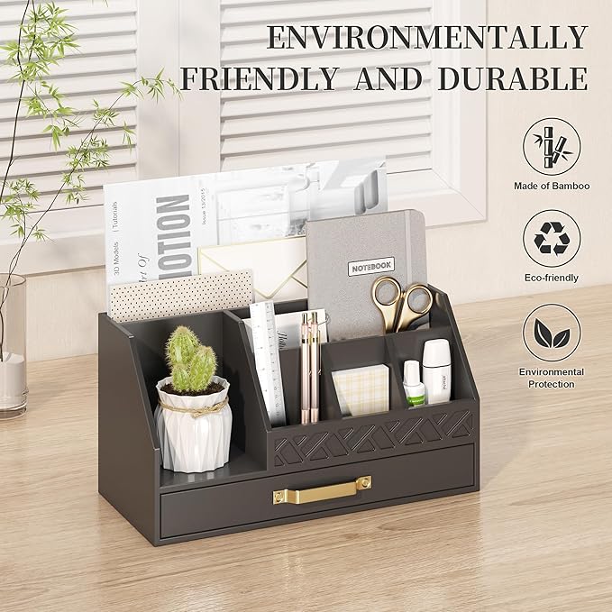 Wisuce Essentials Bamboo Desk Organizer with Drawers, Mail Organizer Countertop Wood Desk Drawer Tabletop Storage Organization Pen Holder Letter Sorter Makeup Organizer for School Home Office (Black)