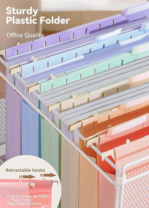 SortRax Plastic Extra Capacity Hanging File Folders, 2" Pastel Expanding Pocket, Heavy Duty for Filing Cabinet, Insertable 1/5-Cut Tabs, Letter Size - 12 Pack
