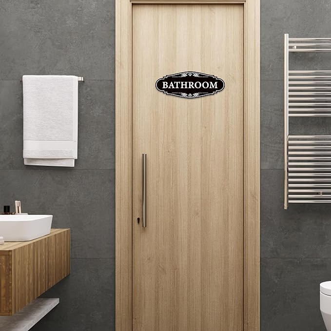 Bathroom Sign Sticker for Business and Home，Self-adhesive Cute Bathroom Decor for Door，Waterproof Vinyl Restroom Sign for Home，Office，Shop（Black）
