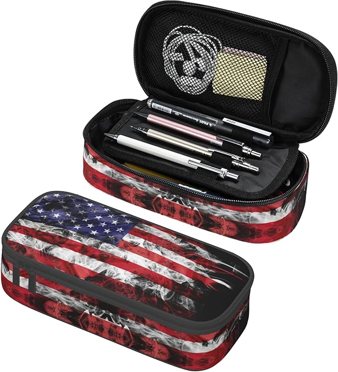 YIJIUWKIS Kids Pencil Case for Boys Girls, Usa Flag Style Pencil Pouch Big Capacity Black Portable Pencil Box Stationery Storage Desk Pen Bag for School Office