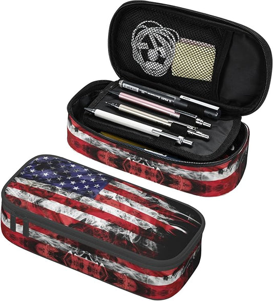 YIJIUWKIS Kids Pencil Case for Boys Girls, Usa Flag Style Pencil Pouch Big Capacity Black Portable Pencil Box Stationery Storage Desk Pen Bag for School Office